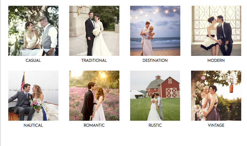 Le thumbnails di due dei più noti blog americani sul matrimonio nella sezione 'real weddings'.